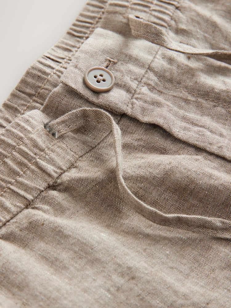 Neutral Relaxed Fit 100% Linen Signature Elasticated Waist Drawstring Trousers - Image 5 of 5