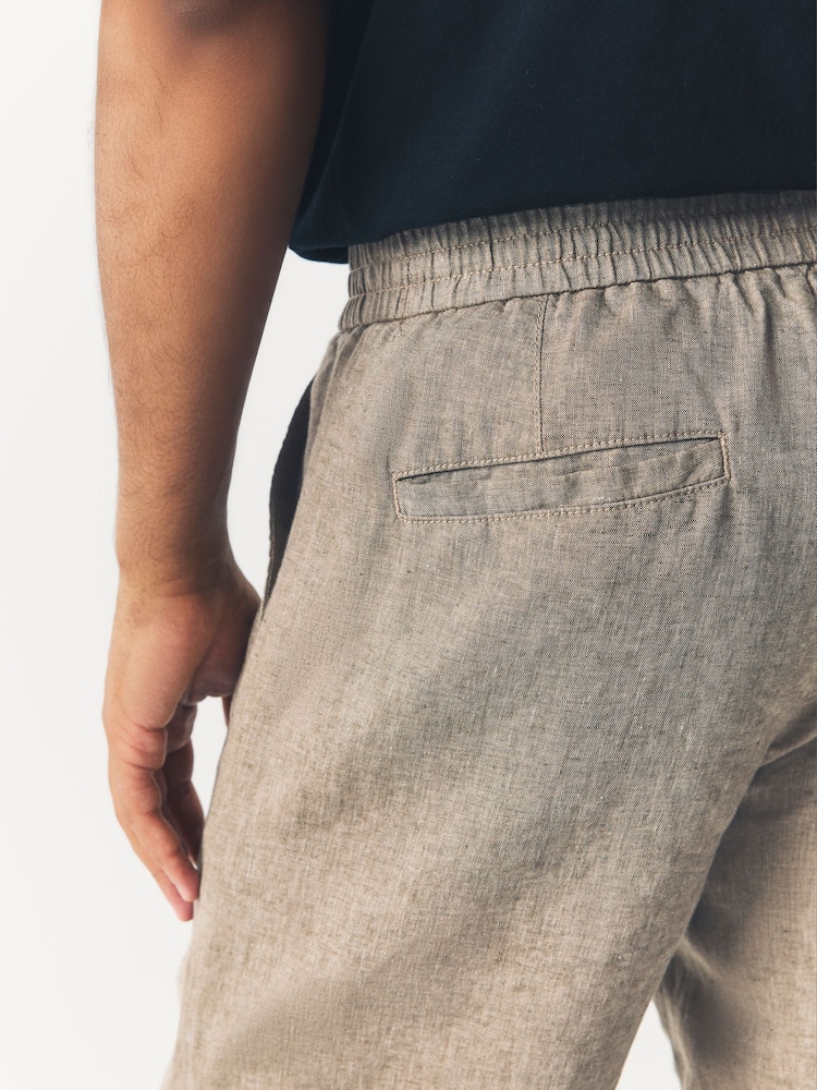 Neutral Relaxed Fit 100% Linen Signature Elasticated Waist Drawstring Trousers - Image 7 of 11