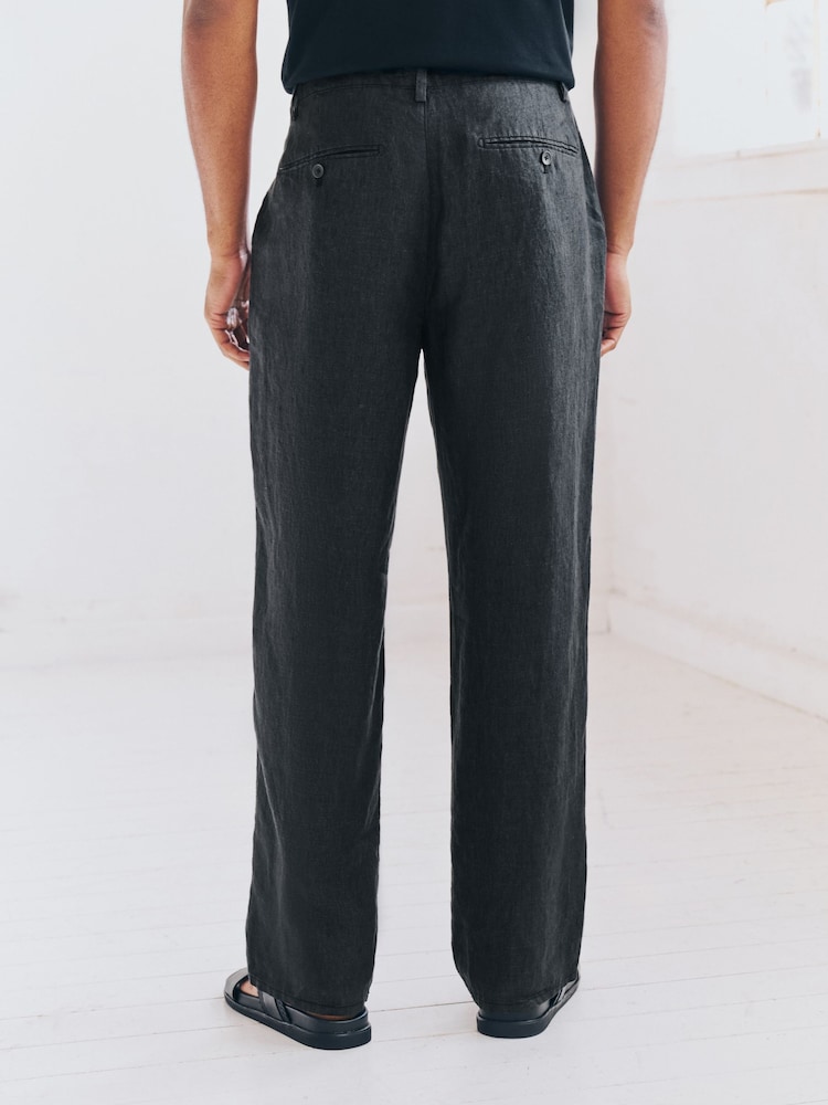 Charcoal Grey Relaxed Fit 100% Linen Signature Chino Trousers - Image 3 of 11