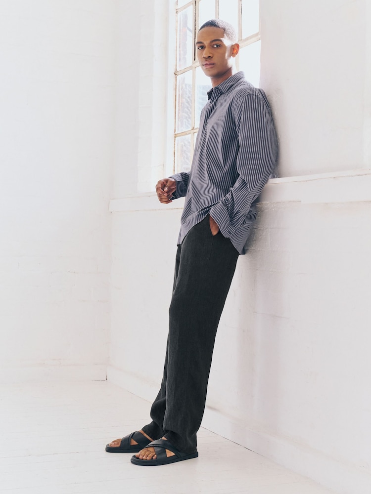 Charcoal Grey Relaxed Fit 100% Linen Signature Chino Trousers - Image 5 of 11