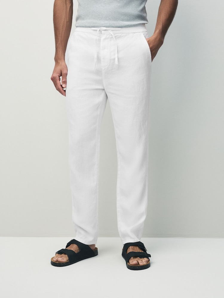White Regular Tapered Fit 100% Linen Signature Elasticated Waist Drawstring Trousers - Image 1 of 6
