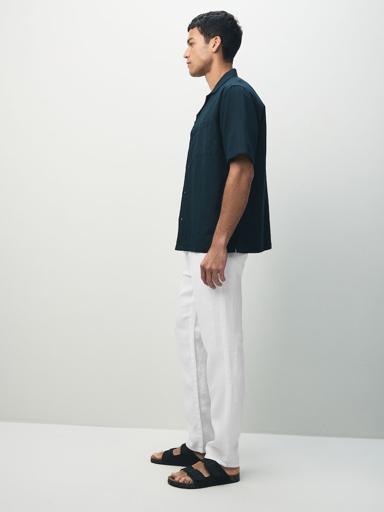 White Regular Tapered Fit 100% Linen Signature Elasticated Waist Drawstring Trousers - Image 2 of 6