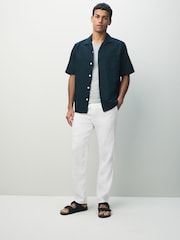 White Regular Tapered Fit 100% Linen Signature Elasticated Waist Drawstring Trousers - Image 4 of 6