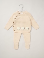 Rock-A-Bye Baby Boutique Natural Sheep True Knit 100% Cotton Cardigan And Footed Trousers Outfit Set - Image 1 of 5