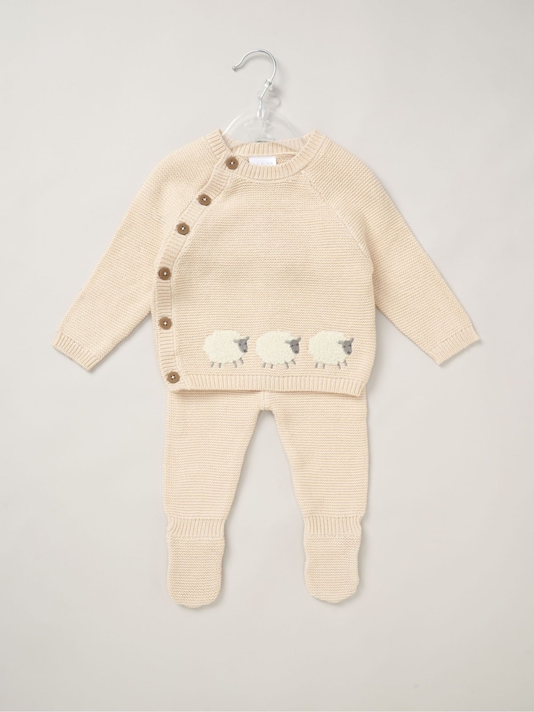 Rock-A-Bye Baby Boutique Natural Sheep True Knit 100% Cotton Cardigan And Footed Trousers Outfit Set - Image 1 of 5
