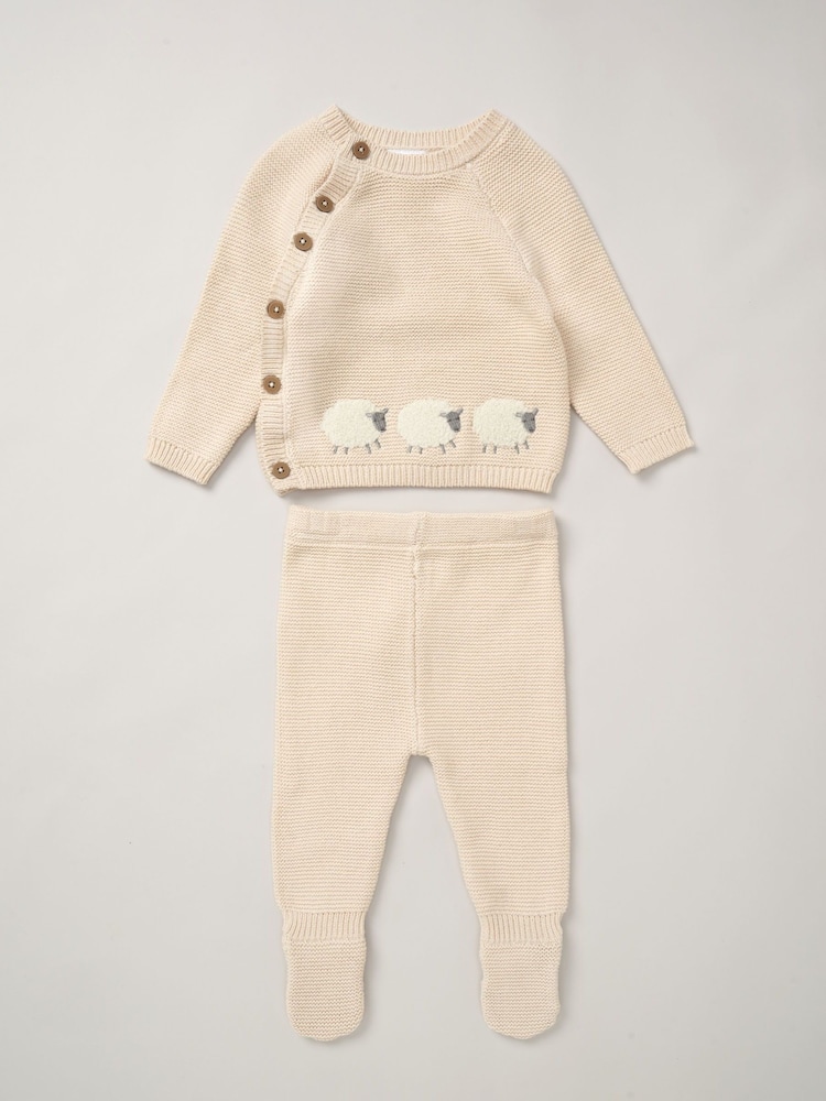 Rock-A-Bye Baby Boutique Natural Sheep True Knit 100% Cotton Cardigan And Footed Trousers Outfit Set - Image 2 of 5