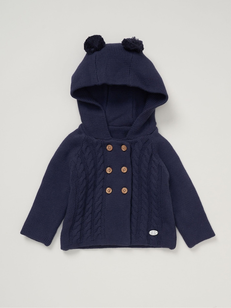 Rock-A-Bye Baby Boutique modra 100% bombažna dvojno pletena jopica s kapuco in cofki - Slika 1 iz 3