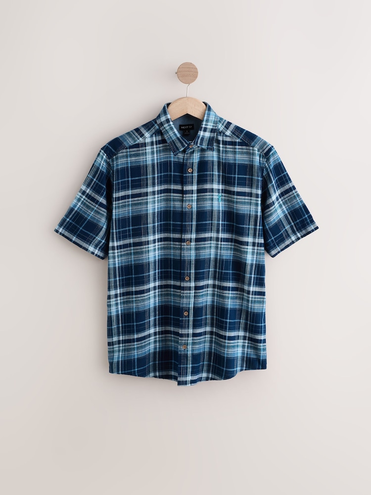 Navy 100% Cotton Short Sleeves Checks Shirt - Image 1 of 3