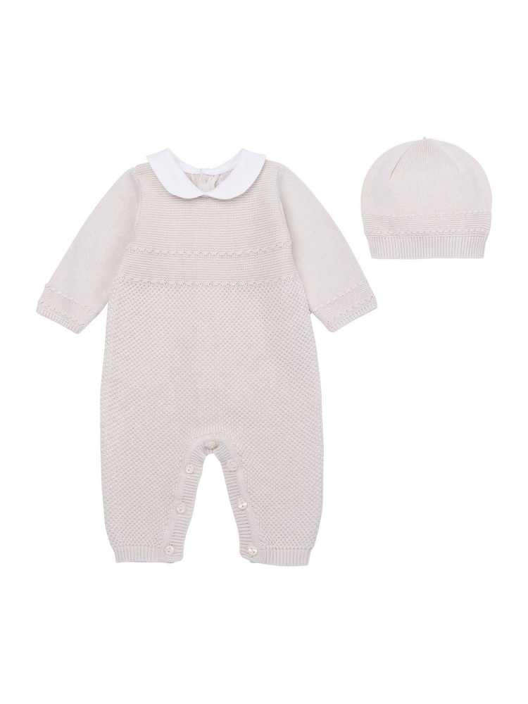 Emile et Rose Knitted Brown 100% Cotton All-In-One with Textured Design & Winter Hat - Image 2 of 6