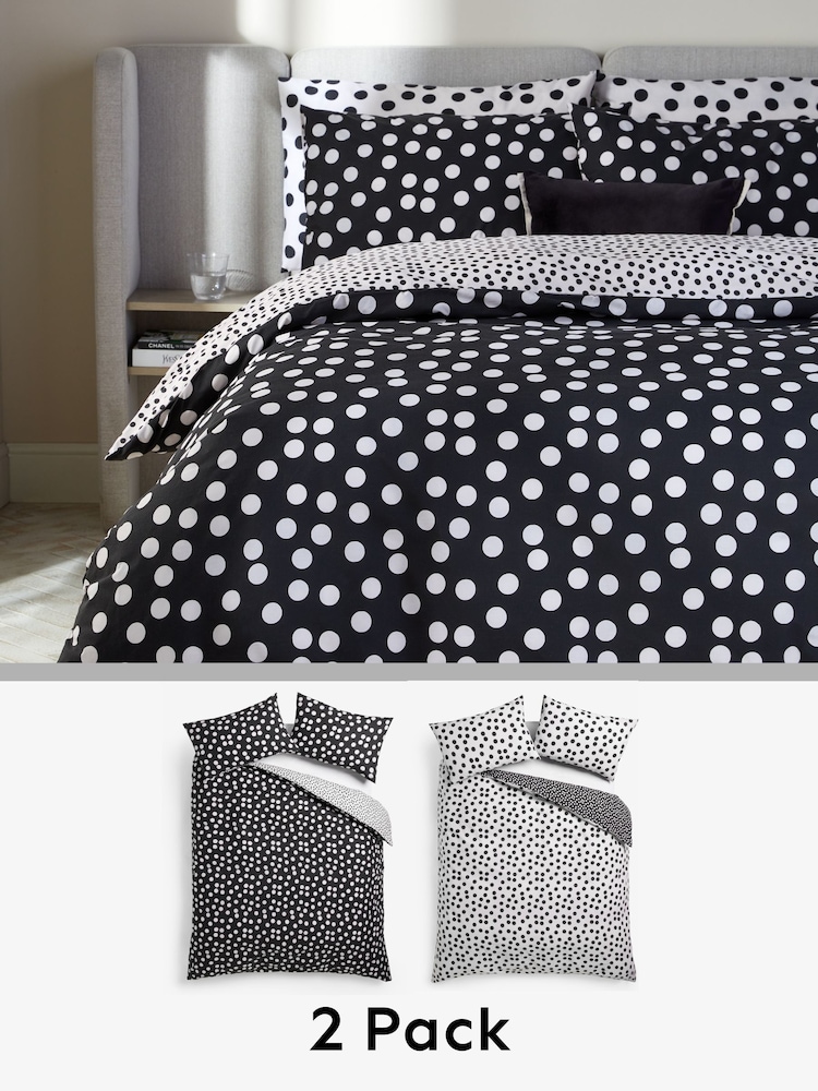 2 Pack Black/White Polka Dot Reversible Duvet Cover and Pillowcase Set - Image 1 of 9