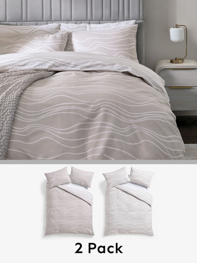 2 Pack Natural Beige/White Wave Reversible Duvet Cover and Pillowcase Set - Image 1 of 9