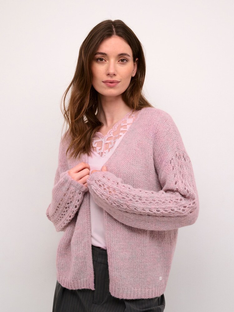 Cream Pink Crniso Open Front Hole Knit Cardigan - Image 1 of 5 Cream Pink Crniso Open Front Hole Knit Cardigan - Image 1 of 5