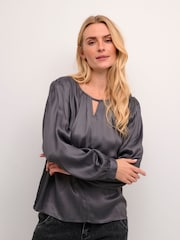 Cream Grey Crviria Round Neck Satin Blouse - Image 1 of 6