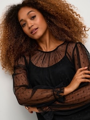 Cream Crirma Mesh Long Sleeve Black Blouse - Image 1 of 6