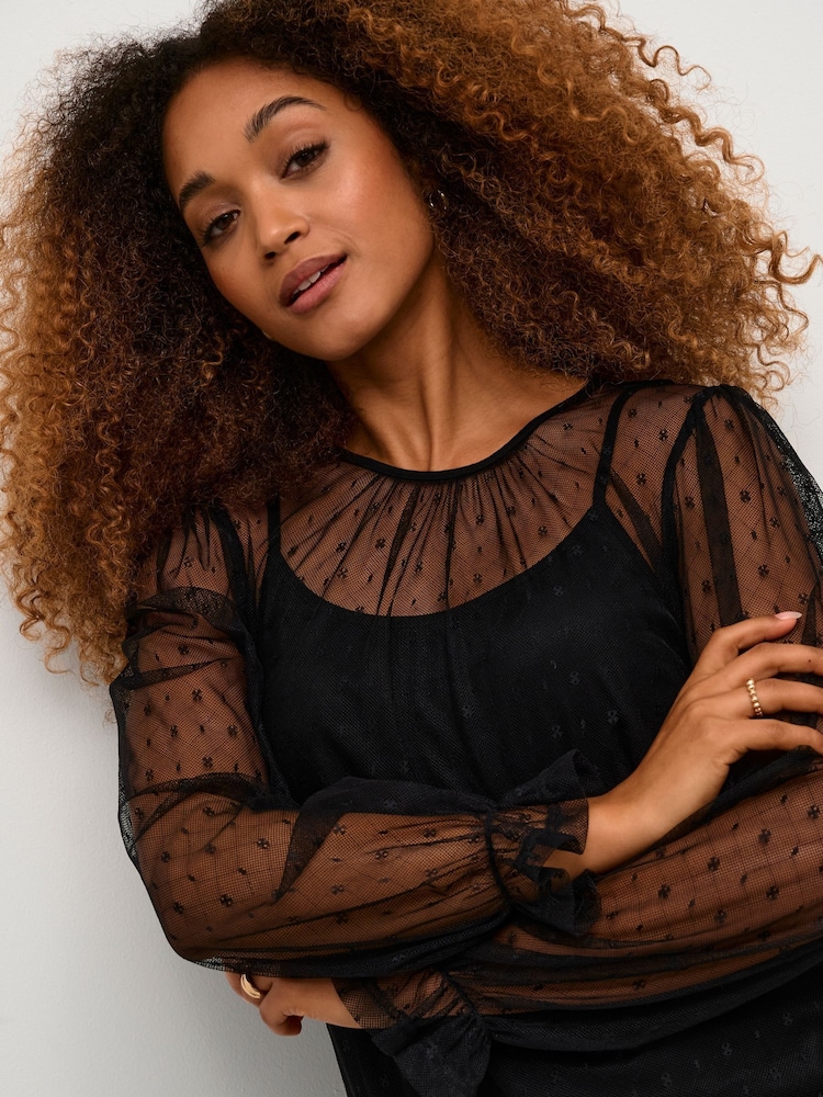 Cream Crirma Mesh Long Sleeve Black Blouse - Image 1 of 6