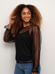 Cream Crirma Mesh Long Sleeve Black Blouse - Image 2 of 6