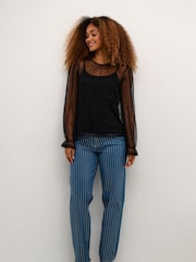 Cream Crirma Mesh Long Sleeve Black Blouse - Image 4 of 6