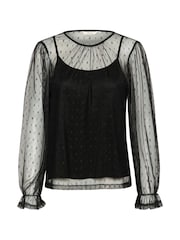 Cream Crirma Mesh Long Sleeve Black Blouse - Image 5 of 6