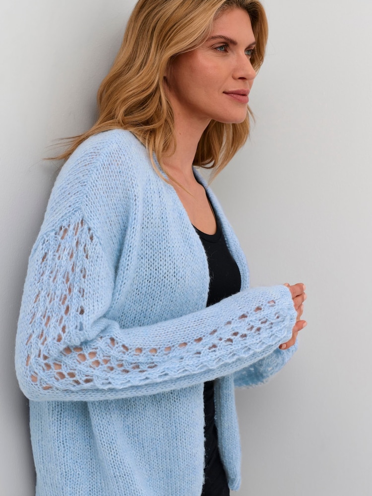Cream Blue Crniso Open Front Hole Knit Cardigan - Image 1 of 6