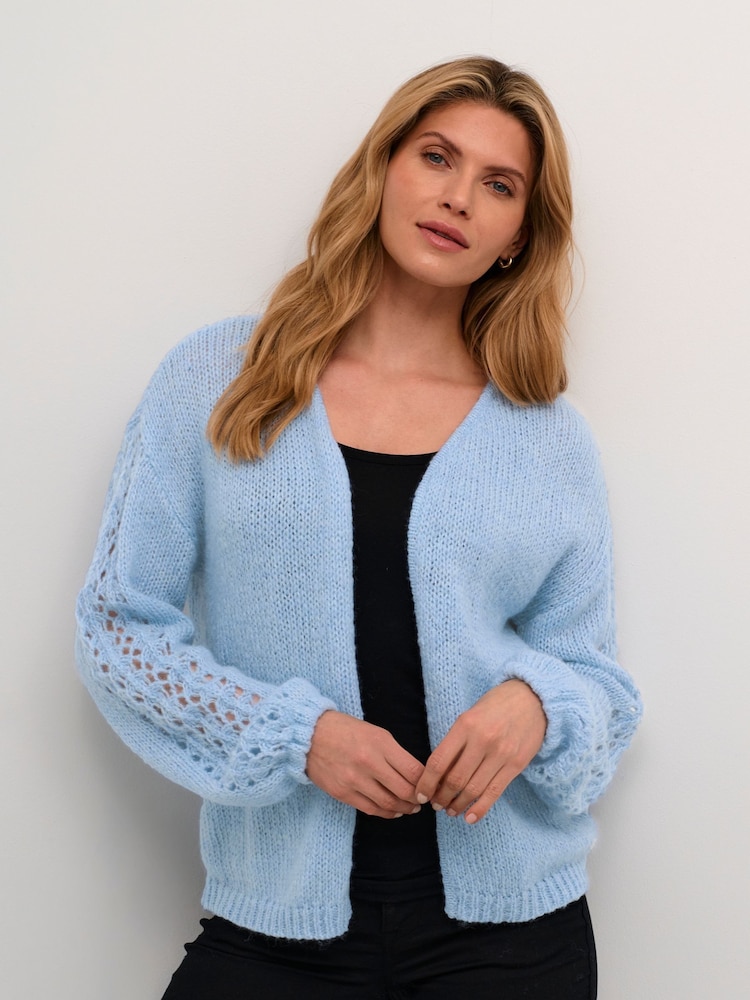Cream Blue Crniso Open Front Hole Knit Cardigan - Image 2 of 6