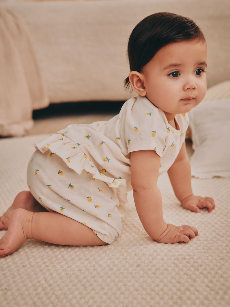 Yellow/ White Fruit Baby Short Sleeve 100% Cotton Top and Shorts Set 6 Piece - Image 4 of 15