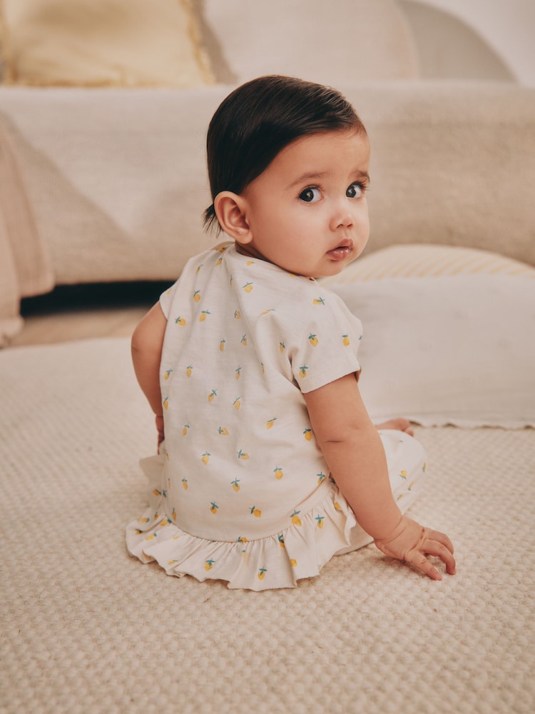 Yellow/ White Fruit Baby Short Sleeve 100% Cotton Top and Shorts Set 6 Piece - Image 5 of 15