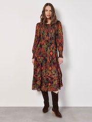 Apricot Green Ikat Chiffon Smocked Midi Dress - Image 1 of 5