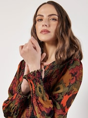 Apricot Green Ikat Chiffon Smocked Midi Dress - Image 3 of 5