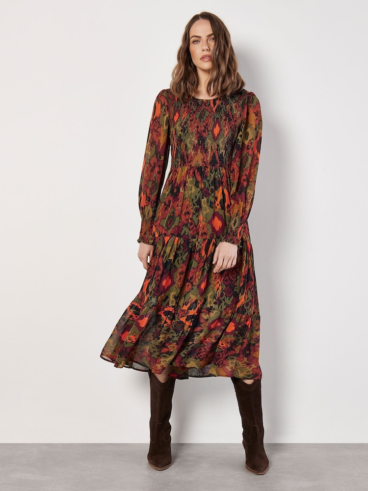 Apricot Green Ikat Chiffon Smocked Midi Dress - Image 5 of 5
