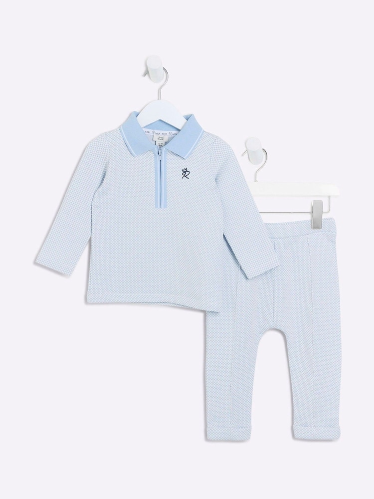River Island Blue Baby Boys Jacquard Long Sleeve 100% Cotton Polo Shirt Set - Image 1 of 4 River Island Blue Baby Boys Jacquard Long Sleeve 100% Cotton Polo Shirt Set - Image 1 of 4