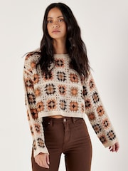Apricot Grey Crochet Squares Boxy Jumper - Image 1 of 4