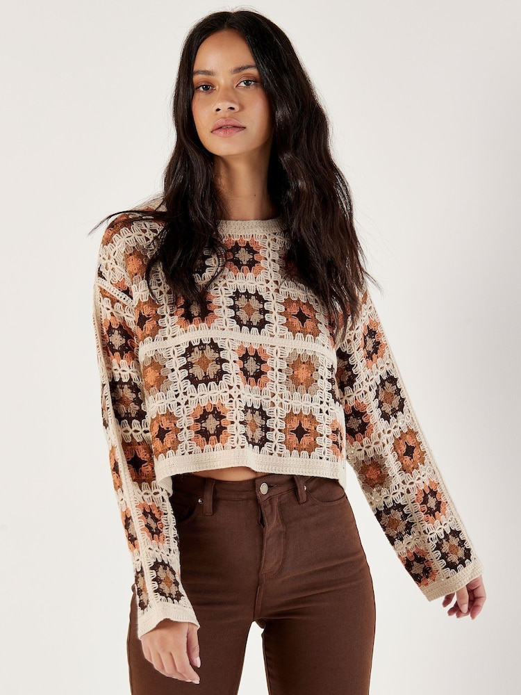 Apricot Grey Crochet Squares Boxy Jumper - Image 1 of 4