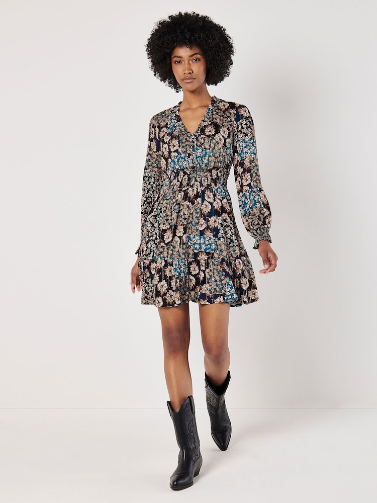 Apricot Blue Patchwork Floral Ruffle Dress - Image 1 of 4