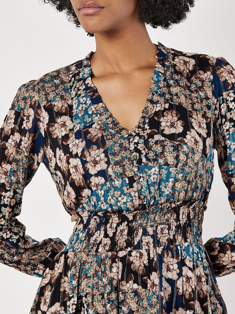 Apricot Blue Patchwork Floral Ruffle Dress - Image 2 of 4