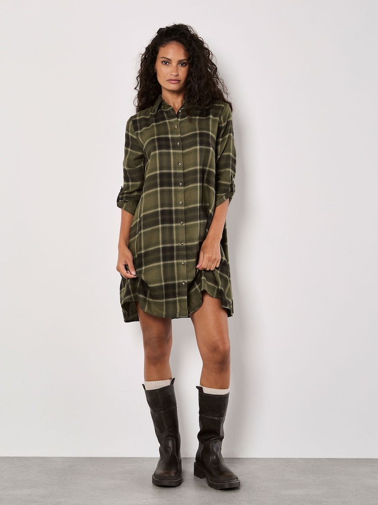Apricot Green Soft Plaid Shirt Dress - Image 1 of 4
