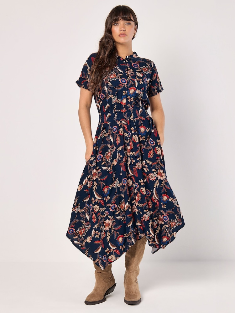 Apricot Blue Floral Magic Hanky Hem Midi Dress - Image 1 of 4