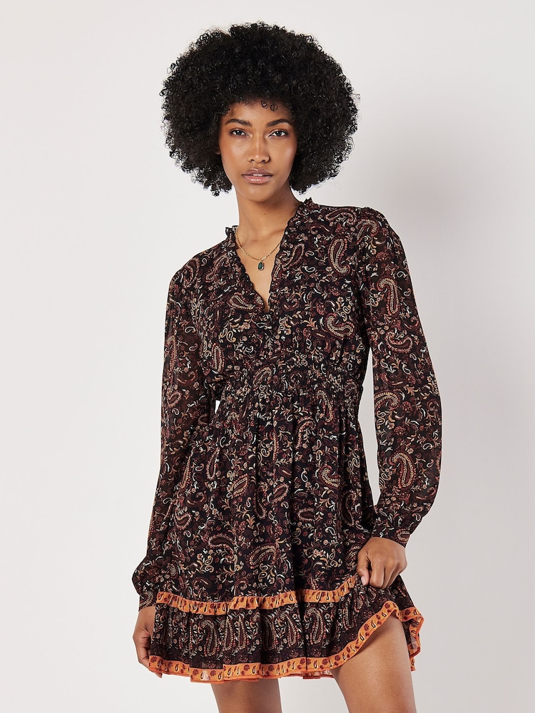 Apricot Black Paisley Border Ruffle Dress - Image 1 of 4