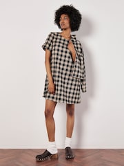 Apricot Black Plaid Swing Turn Up Cuff Dress - Image 1 of 5