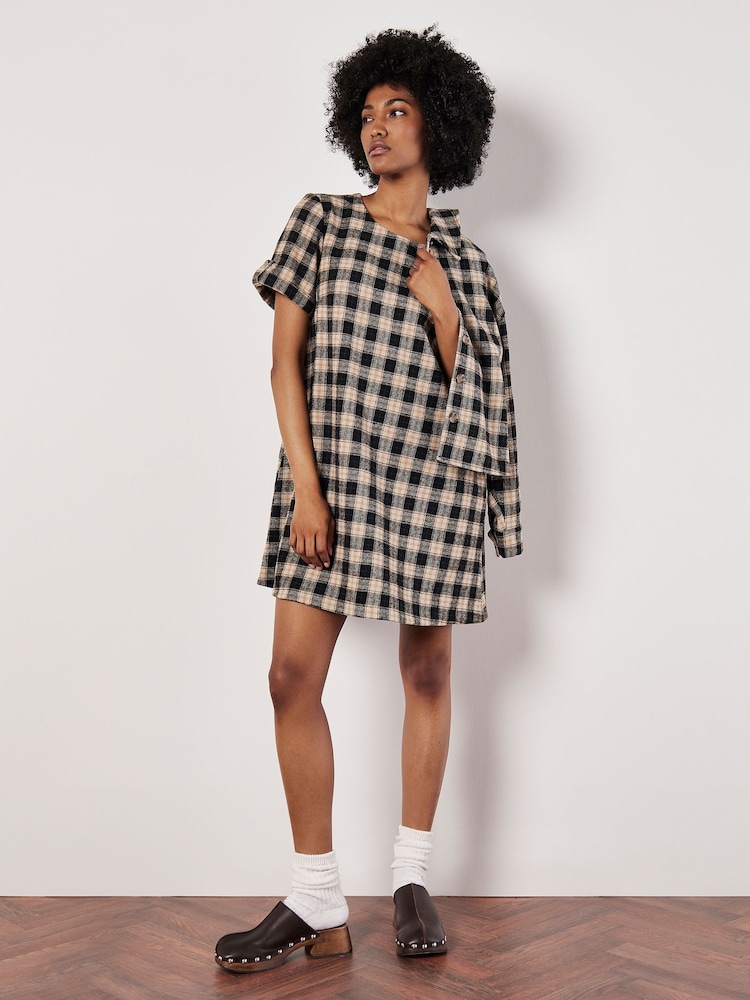 Apricot Black Plaid Swing Turn Up Cuff Dress - Image 1 of 5