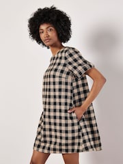 Apricot Black Plaid Swing Turn Up Cuff Dress - Image 3 of 5