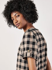 Apricot Black Plaid Swing Turn Up Cuff Dress - Image 4 of 5