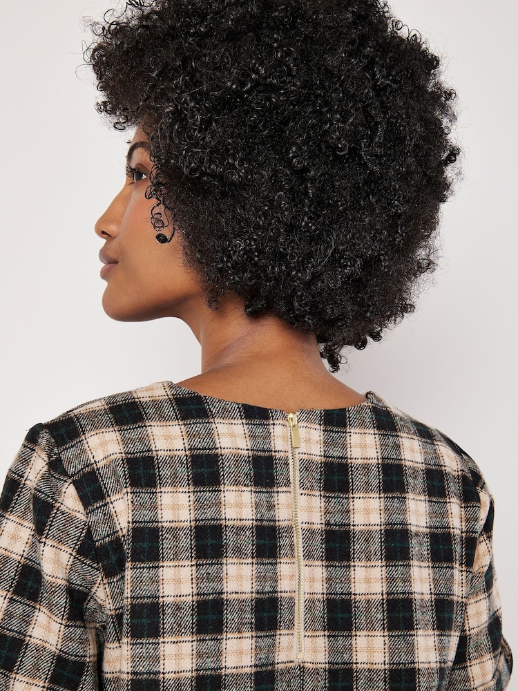 Apricot Black Plaid Swing Turn Up Cuff Dress - Image 5 of 5 Apricot Black Plaid Swing Turn Up Cuff Dress - Image 5 of 5