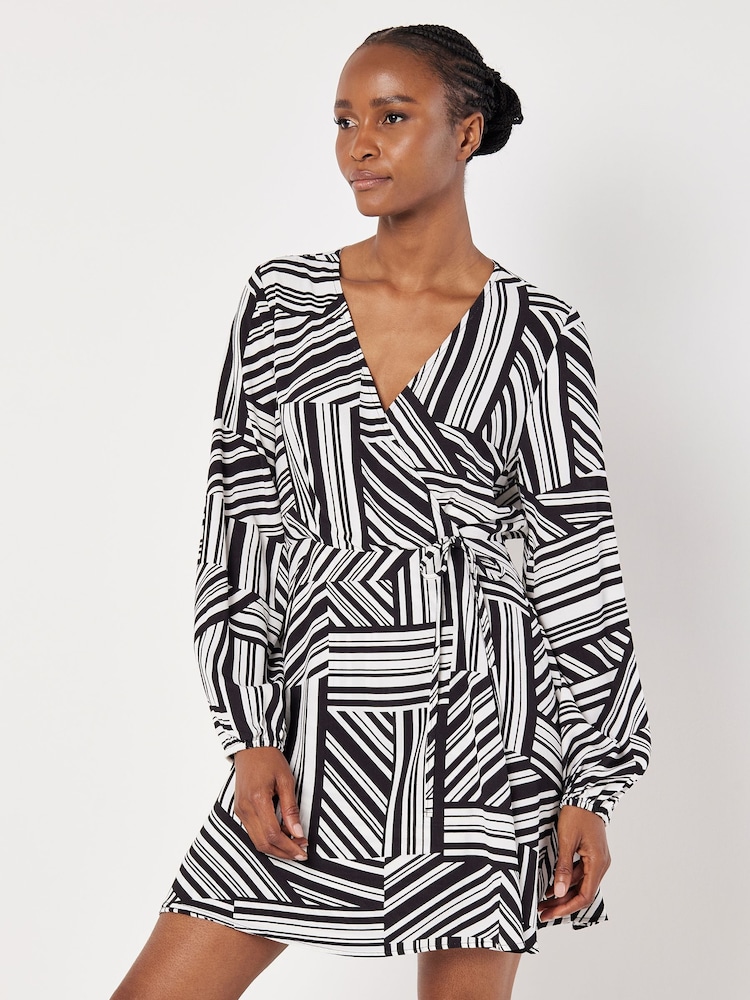 Apricot Black Barcode Print Wrap Dress - Image 1 of 4 Apricot Black Barcode Print Wrap Dress - Image 1 of 4