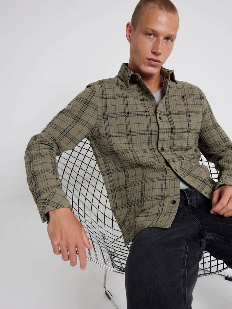 River Island Green Waffle 100% Cotton Check Shirt - Image 1 of 4