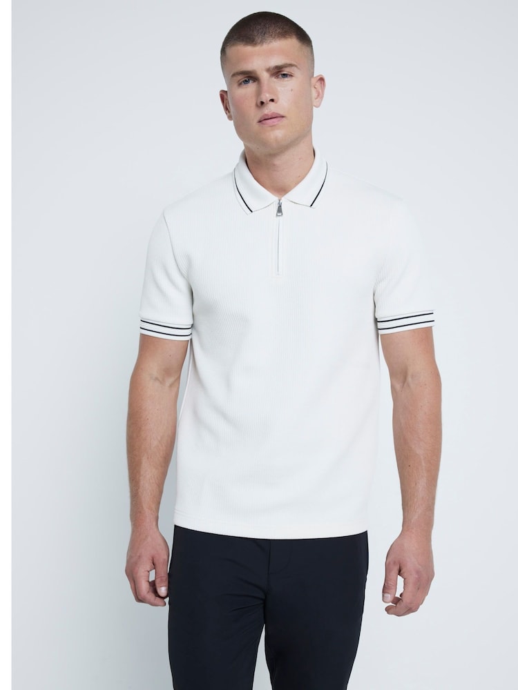 River Island Cream Slim Fit Quilted 100% Cotton Polo Shirt - Image 1 of 6
