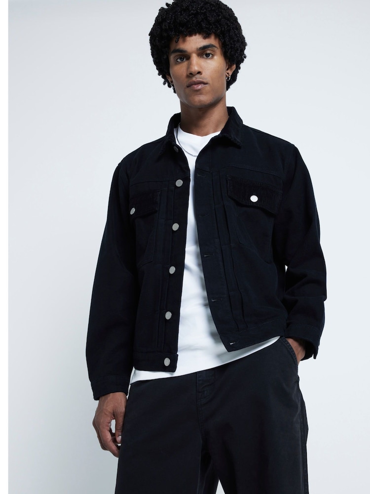 River Island Black 100% Cotton Cord Collar Jacket - Image 1 of 4