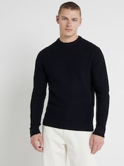 River Island Black Slim Fit Long Sleeve Waffle Crew Sweatshirt - Image 1 of 6