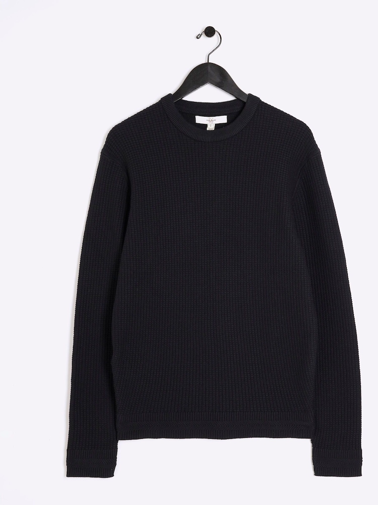 River Island Black Slim Fit Long Sleeve Waffle Crew Sweatshirt - Image 6 of 6