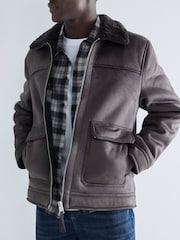 River Island Brown Gray Light Shearling Western Jacket - Image 1 of 8