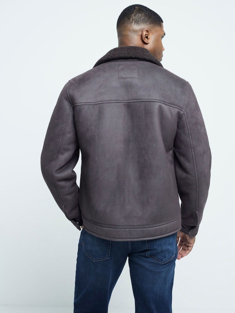 River Island Brown Gray Light Shearling Western Jacket - Image 2 of 8